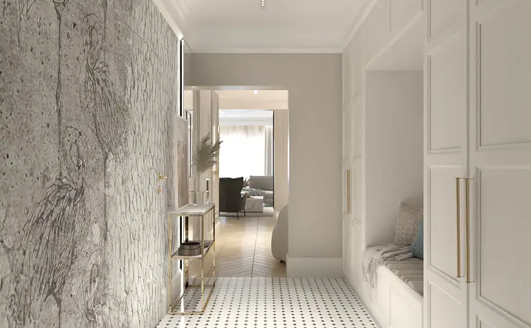 Współczesny przedpokój z białymi ścianami i czarną podłogą w stylu projektowym.