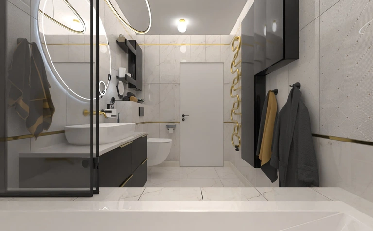 Nowoczesna łazienka z czarnymi meblami, złotymi detalami, w stylu boho, glamour i industrialnym.