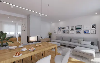 Wnętrze salonu w stylu minimalistycznym z szarymi meblami i drewnianym stołem, soft minimalizm.