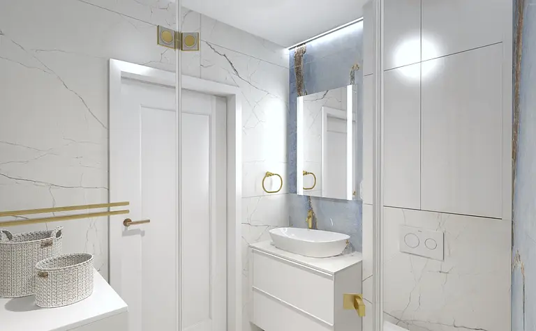 Nowoczesna łazienka z białymi meblami i złotymi detalami, styl quiet luxury