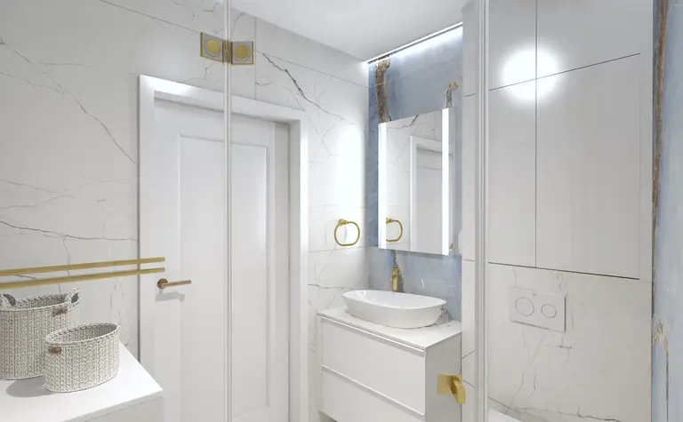Nowoczesna łazienka z białymi meblami i złotymi detalami, styl quiet luxury
