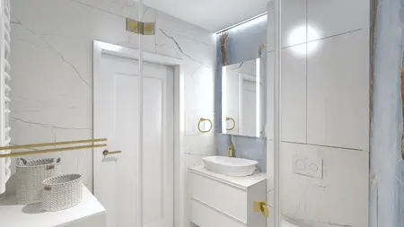 Nowoczesna łazienka z białymi meblami i złotymi detalami, styl quiet luxury