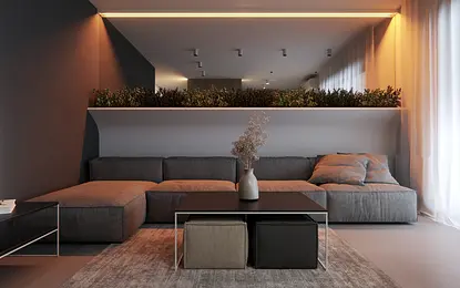 Wnętrze salonu w stylu eklektycznym i minimalistycznym z szarym narożnikiem.
