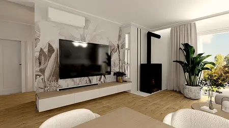 Wnętrze salonu z telewizorem, drewnianą podłogą i roślinami.