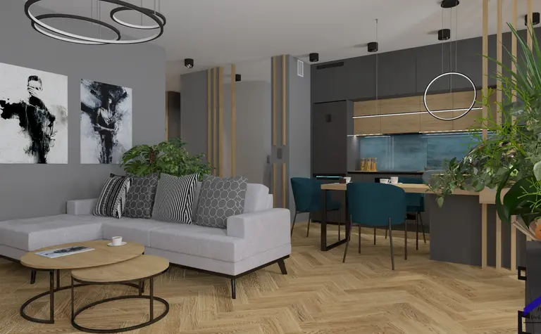 Wnętrze salonu z roślinami, szarym narożnikiem i drewnianym stół, styl dopamine decor, japandi, nowoczesny, soft minimalizm, współczesny.