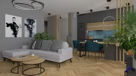 Wnętrze salonu z roślinami, szarym narożnikiem i drewnianym stół, styl dopamine decor, japandi, nowoczesny, soft minimalizm, współczesny.