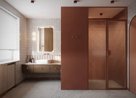 Nowoczesna łazienka w stylu eklektycznym i vintage z brązowymi detalami i umywalką.