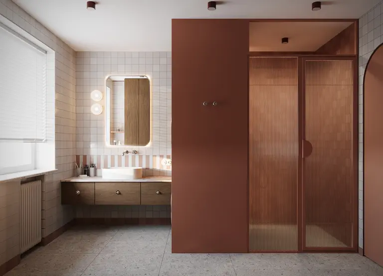 Nowoczesna łazienka w stylu eklektycznym i vintage z brązowymi detalami i umywalką.