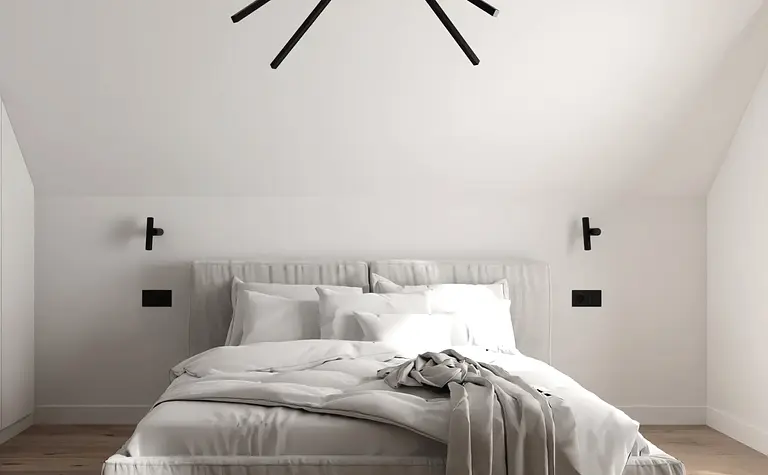 Sypialnia w stylu japandi z minimalistycznym łóżkiem i soft minimalizmem.