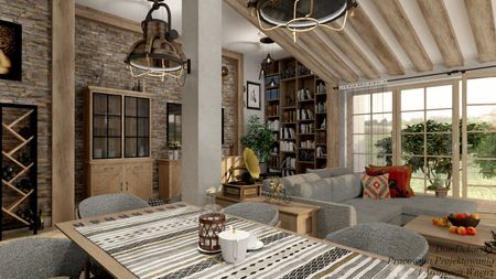 Wnętrze salonu w stylu boho z rustykalnymi akcentami i eklektycznymi detalami.