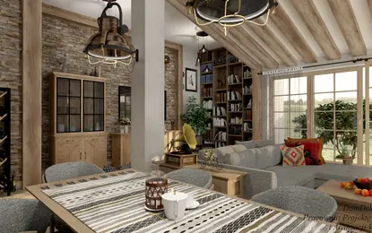 Wnętrze salonu w stylu boho z rustykalnymi akcentami i eklektycznymi detalami.