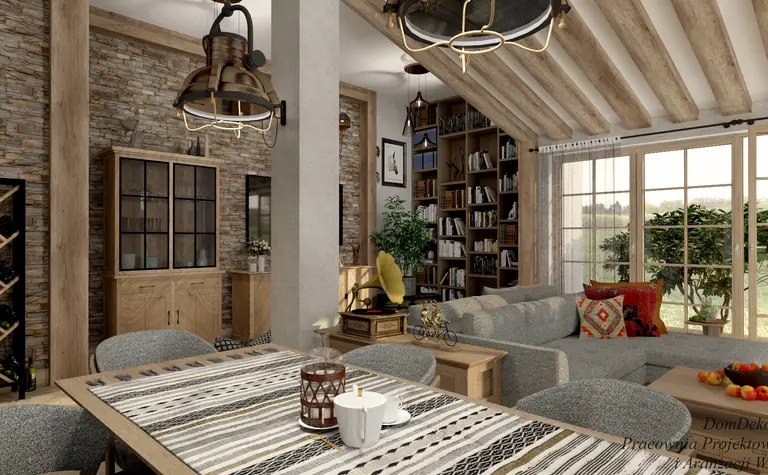 Wnętrze salonu w stylu boho z rustykalnymi akcentami i eklektycznymi detalami.