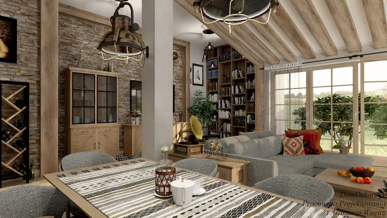 Wnętrze salonu w stylu boho z rustykalnymi akcentami i eklektycznymi detalami.