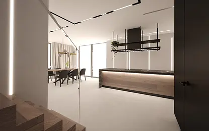 Współczesna kuchnia z drewnianym blatem i czarnymi meblami