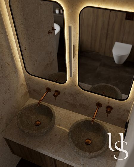 Nowoczesna łazienka w stylach boho, japandi i rustykalnym z podwójną umywalką.