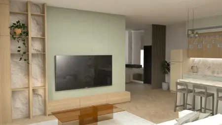Wnętrze salonu z telewizorem, drewnianą komodą i roślinami w stylu industrialnym i nowoczesnym.