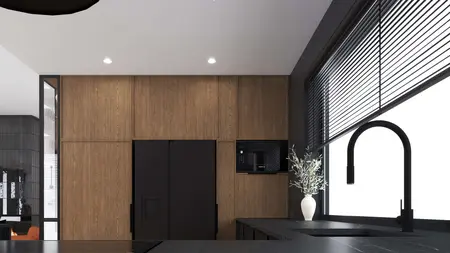 Wnętrze kuchni w stylu industrialnym i minimalistycznym z drewnianymi elementami.