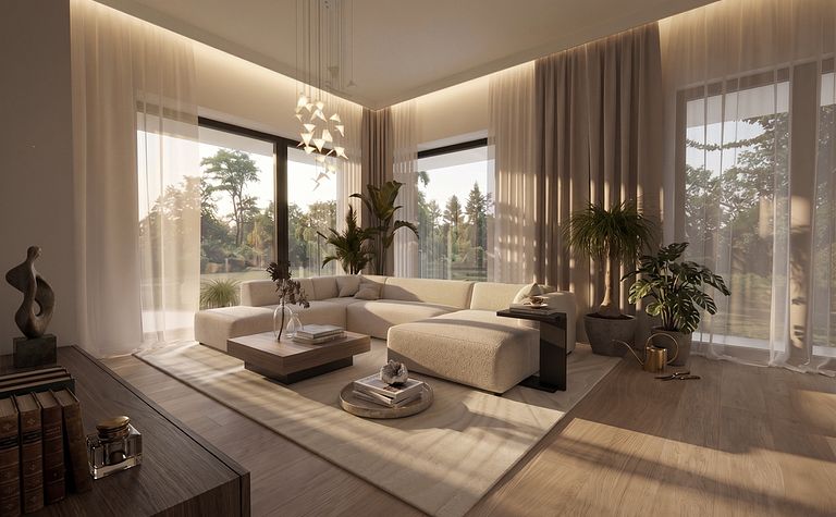 Wnętrze salonu z jasną sofą, drewnianym stołem i roślinami, minimalistyczny design.