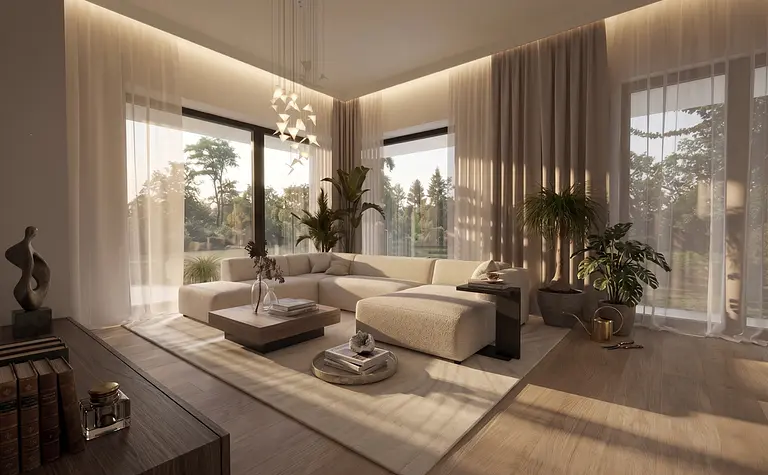 Wnętrze salonu z jasną sofą, drewnianym stołem i roślinami, minimalistyczny design.