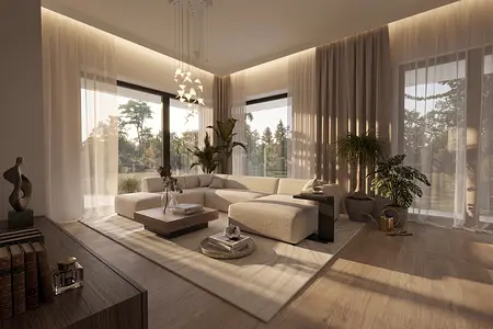 Wnętrze salonu z jasną sofą, drewnianym stołem i roślinami, minimalistyczny design.