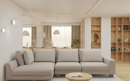 Wnętrze salonu w stylach japandi, nowoczesnym i skandynawskim z jasnymi meblami.