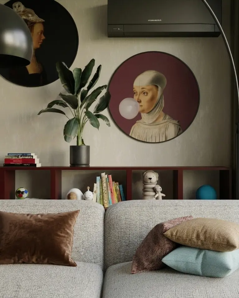 Salon dopamine decor, minimalistyczny, nowoczesny, skandynawski, soft minimalizm z szarą sofą i poduszkami