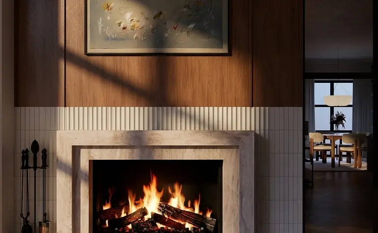 Przytulne wnętrze salonu z kominkiem, styl art deco, eklektyczny, quiet luxury