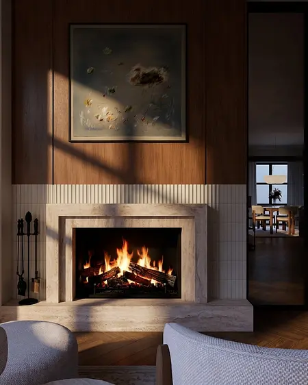 Przytulne wnętrze salonu z kominkiem, styl art deco, eklektyczny, quiet luxury