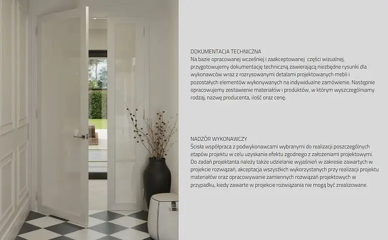 Wnętrze przedpokoju z białymi drzwiami, czarną podłogą w romby i roślinnością.