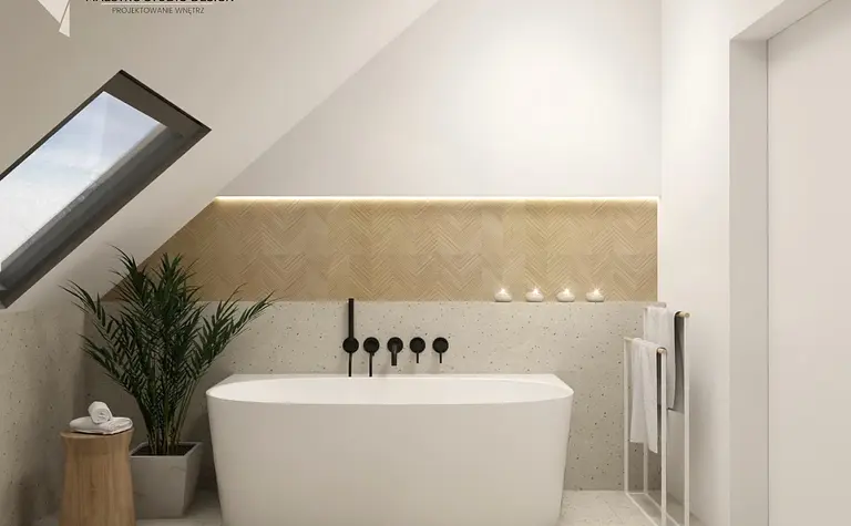 Nowoczesna łazienka w stylu boho i japandi z wanną i roślinami.