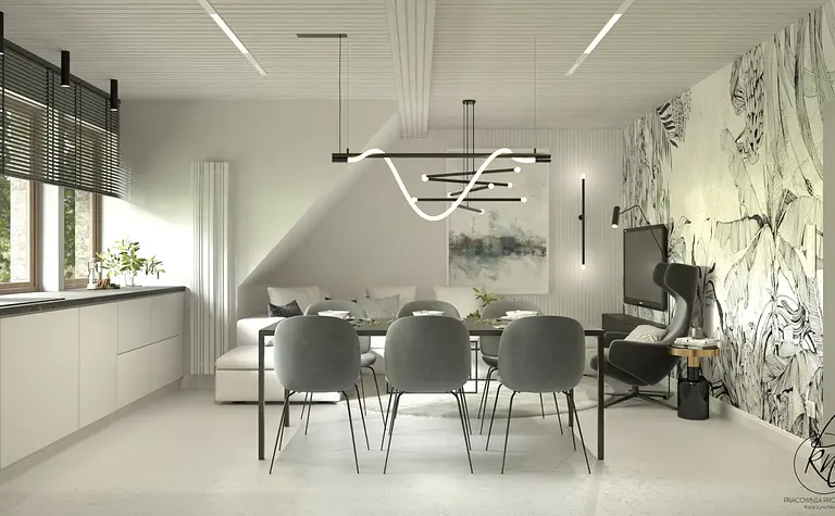 Jadalnia z szarymi krzesłami, minimalistyczny design i białe meble