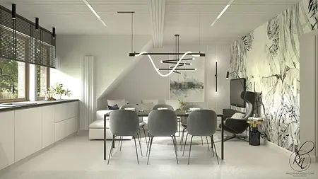 Jadalnia z szarymi krzesłami, minimalistyczny design i białe meble