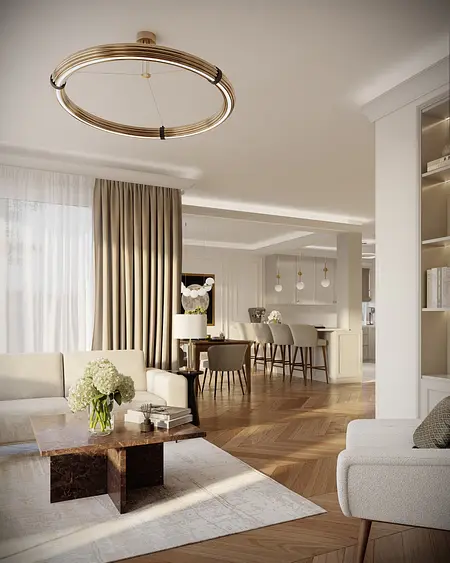 Wnętrze salonu w stylu quiet luxury z nowoczesnym oświetleniem.