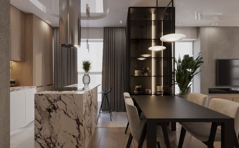 Wnętrze jadalni z marmurowym blatem, drewnianym stołem i eleganckimi lampami. Glamour, minimaluxe, nowoczesny, quiet luxury.