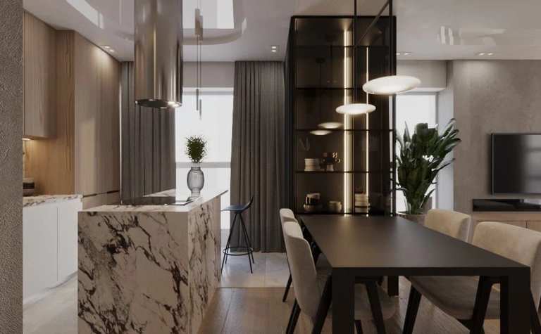 Wnętrze jadalni z marmurowym blatem, drewnianym stołem i eleganckimi lampami. Glamour, minimaluxe, nowoczesny, quiet luxury.