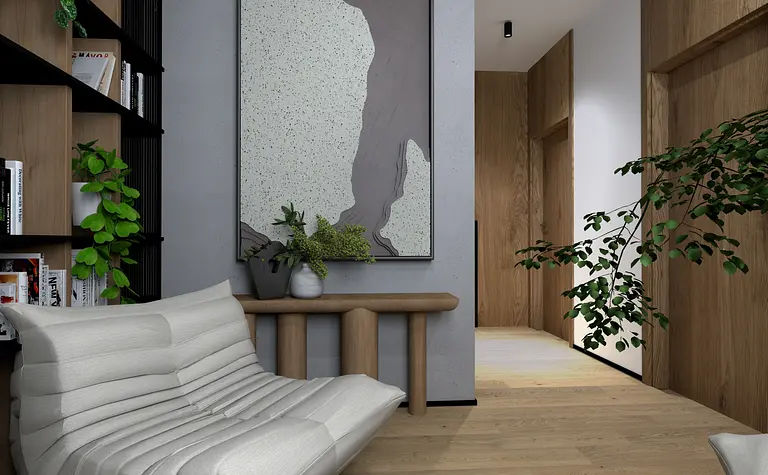 Przedpokój z nowoczesnym designem, drewniane meble i rośliny