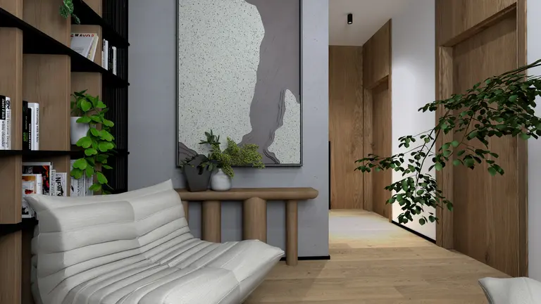 Przedpokój z nowoczesnym designem, drewniane meble i rośliny