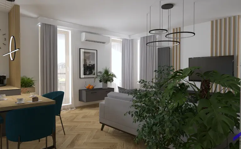 Wnętrze salonu z roślinami, szarością i drewnem w stylach dopamine decor, japandi, nowoczesny.