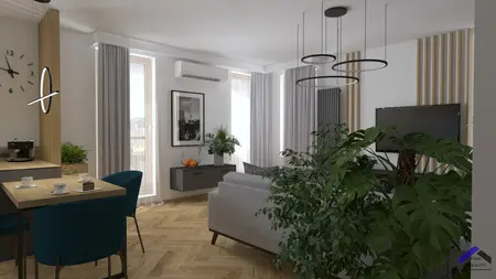 Wnętrze salonu z roślinami, szarością i drewnem w stylach dopamine decor, japandi, nowoczesny.