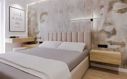 Sypialnia w stylu japandi z nowoczesnym łóżkiem i dekoracją quiet luxury.