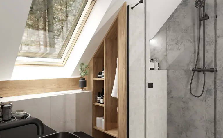 Nowoczesna łazienka z czarną umywalką, drewnianymi detalami, styl industrialny i współczesny.