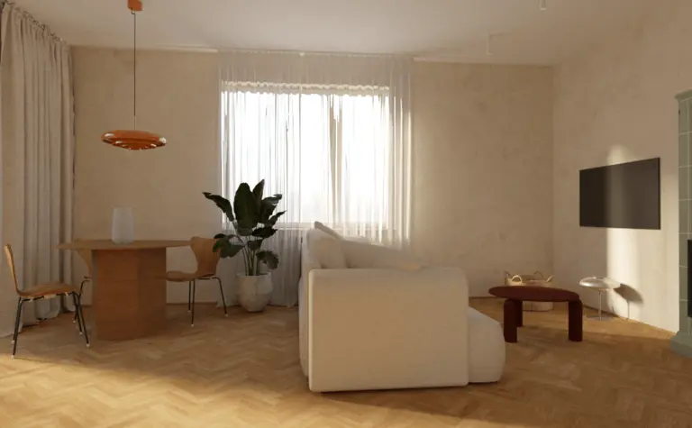 Wnętrze salonu w stylu minimalistycznym z vintage akcentami.