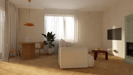 Wnętrze salonu w stylu minimalistycznym z vintage akcentami.