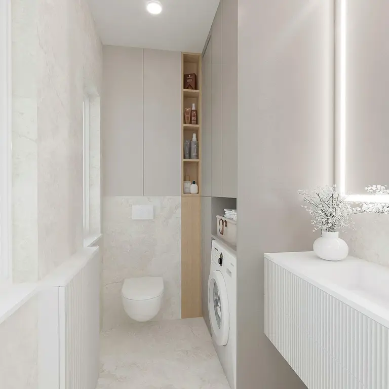Nowoczesna łazienka z elementami art deco i minimalistycznymi detalami.