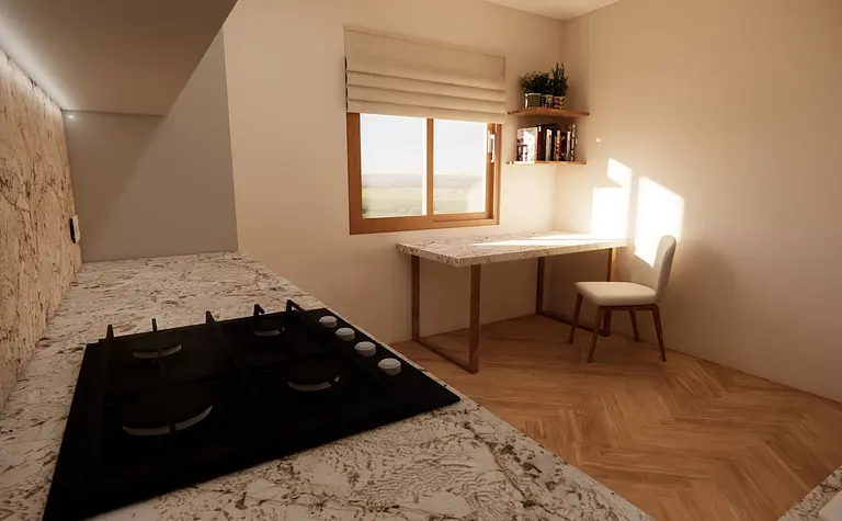 Wnętrze kuchni z marmurowym blatem, drewnianą podłogą oraz jasnymi ścianami, minimalistyczne.