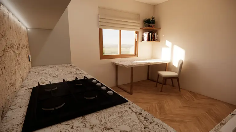 Wnętrze kuchni z marmurowym blatem, drewnianą podłogą oraz jasnymi ścianami, minimalistyczne.