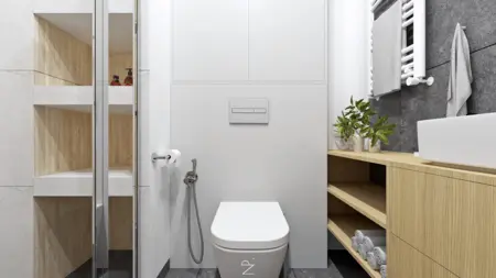 Minimalistyczna łazienka z drewnianymi półkami, nowoczesną armaturą i szarymi akcentami.