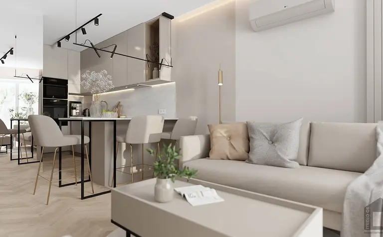 Wnętrze kuchni z jasnymi meblami, drewnianym blatem, styl glamour i industrialny.