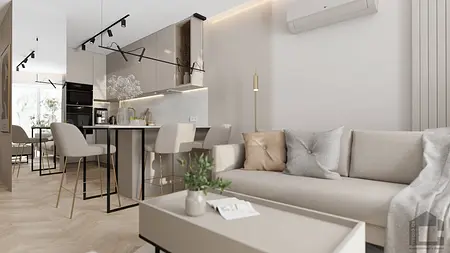 Wnętrze kuchni z jasnymi meblami, drewnianym blatem, styl glamour i industrialny.