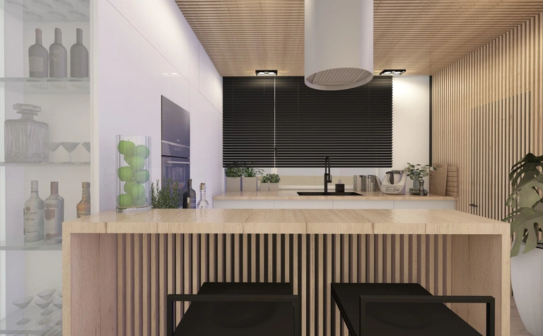 Wnętrze kuchni w stylu industrialnym, nowoczesnym i współczesnym z drewnianymi elementami.